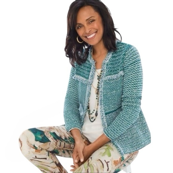 Chico’s Pacific Teal Structured Tweed Fringe Cardigan Jacket NWT Size 1 - Picture 15 of 16